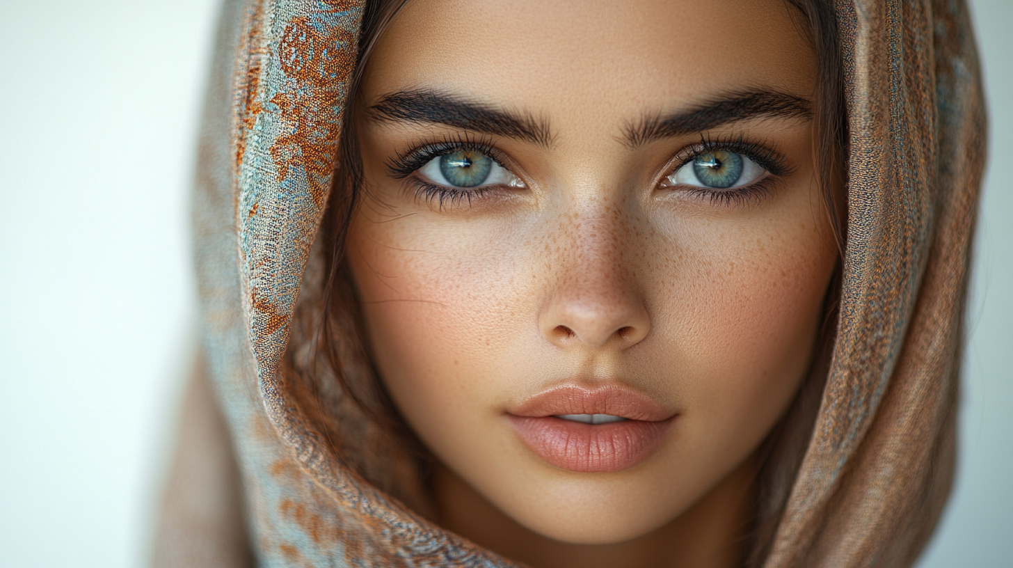 Realistic portrait of Arabic woman on white background 