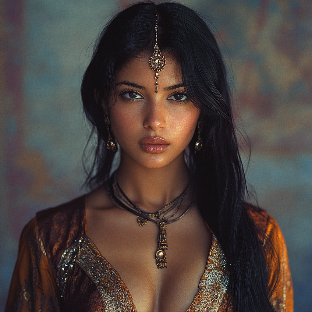 Realistic portrait of South Asian woman, traditional clothing