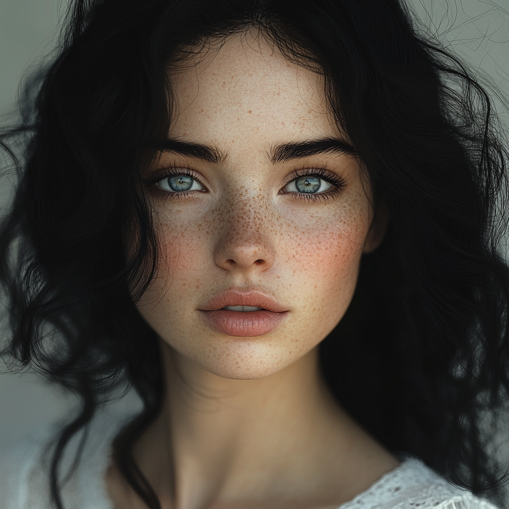 Realistic portrait of beautiful woman with black hair.