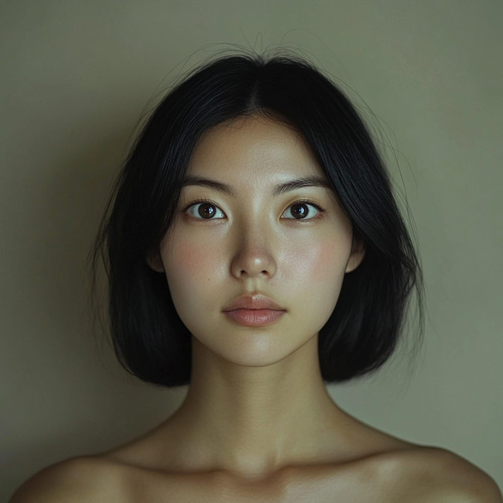 Realistic portrait of calm East Asian woman, 28