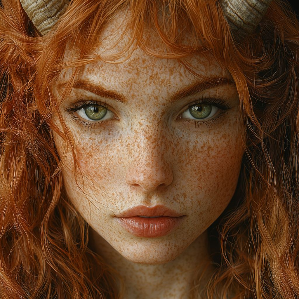 Realistic portrait of female with ginger hair, goat features.