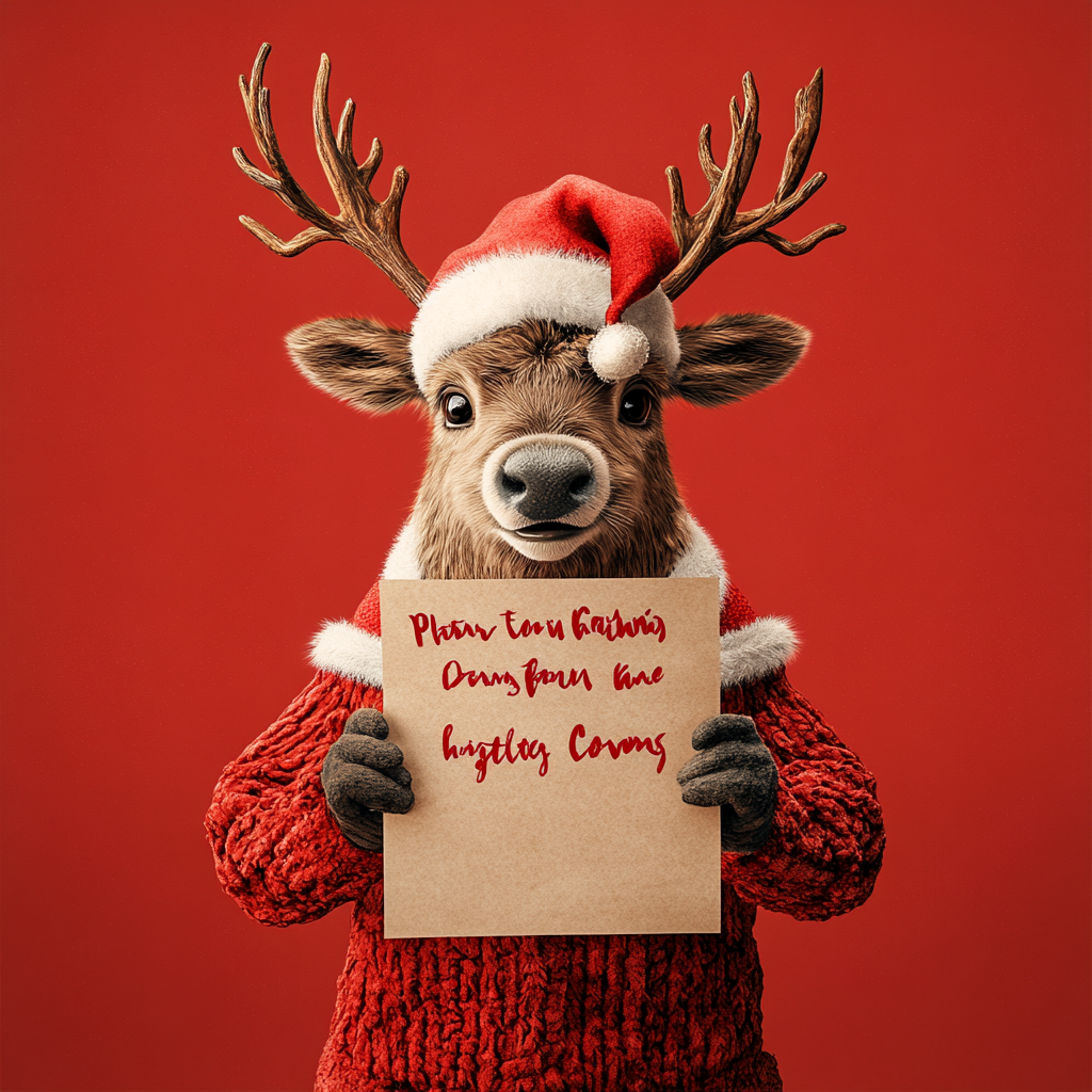 Realistic reindeer in holiday outfit holding festive message sign.