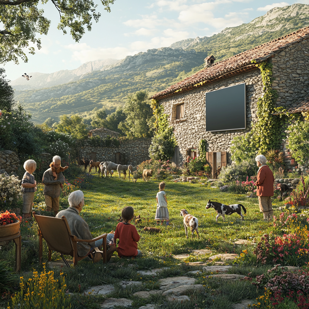 Realistic rural garden scene with animals, people, and TV.