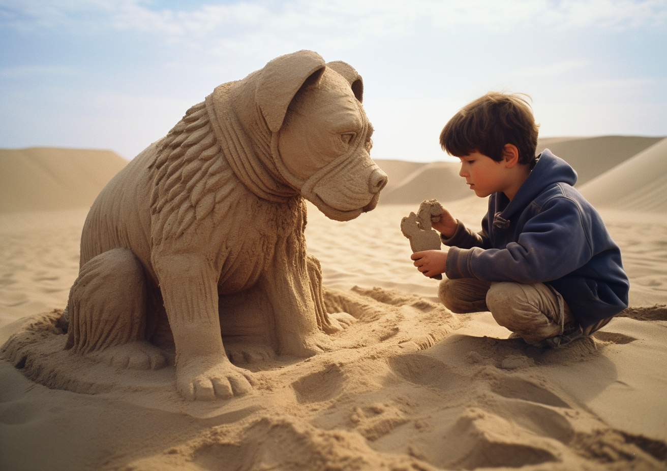 Realistic sand sculpture of dog, film photography detailed.