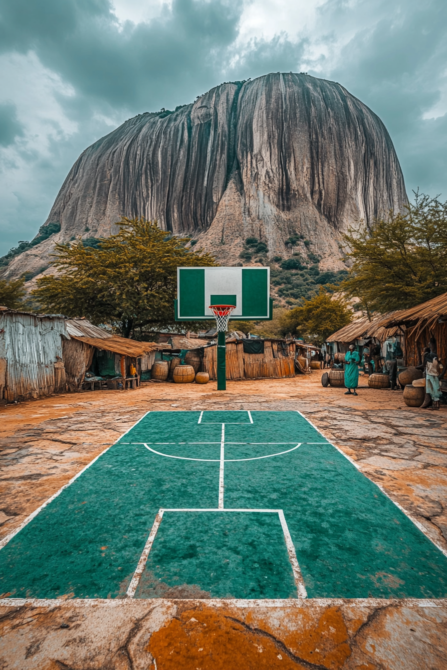 Realistic scene of Nigerian basketball court with cultural elements.