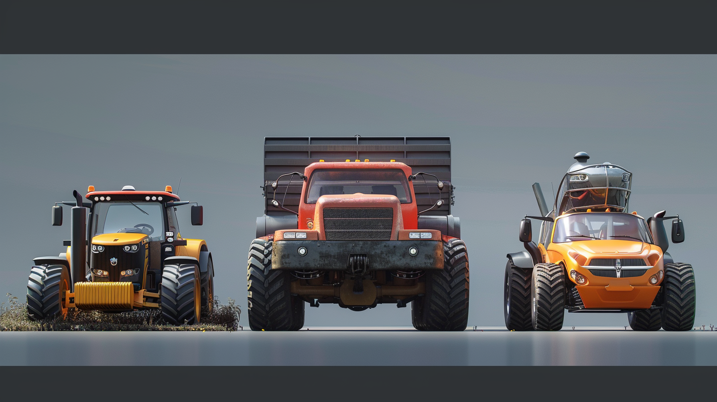 Realistic scene with new truck, car, tractor, shadows.