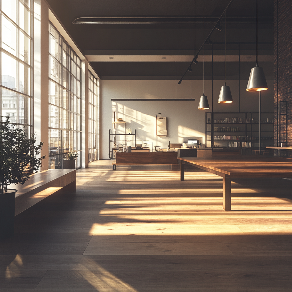 Realistic showroom space with dark oak wooden flooring.