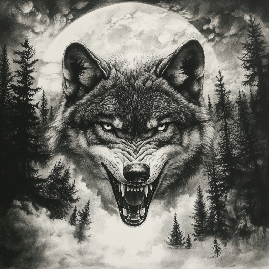 Realistic snarling wolf in forest with full moon, pencil drawing