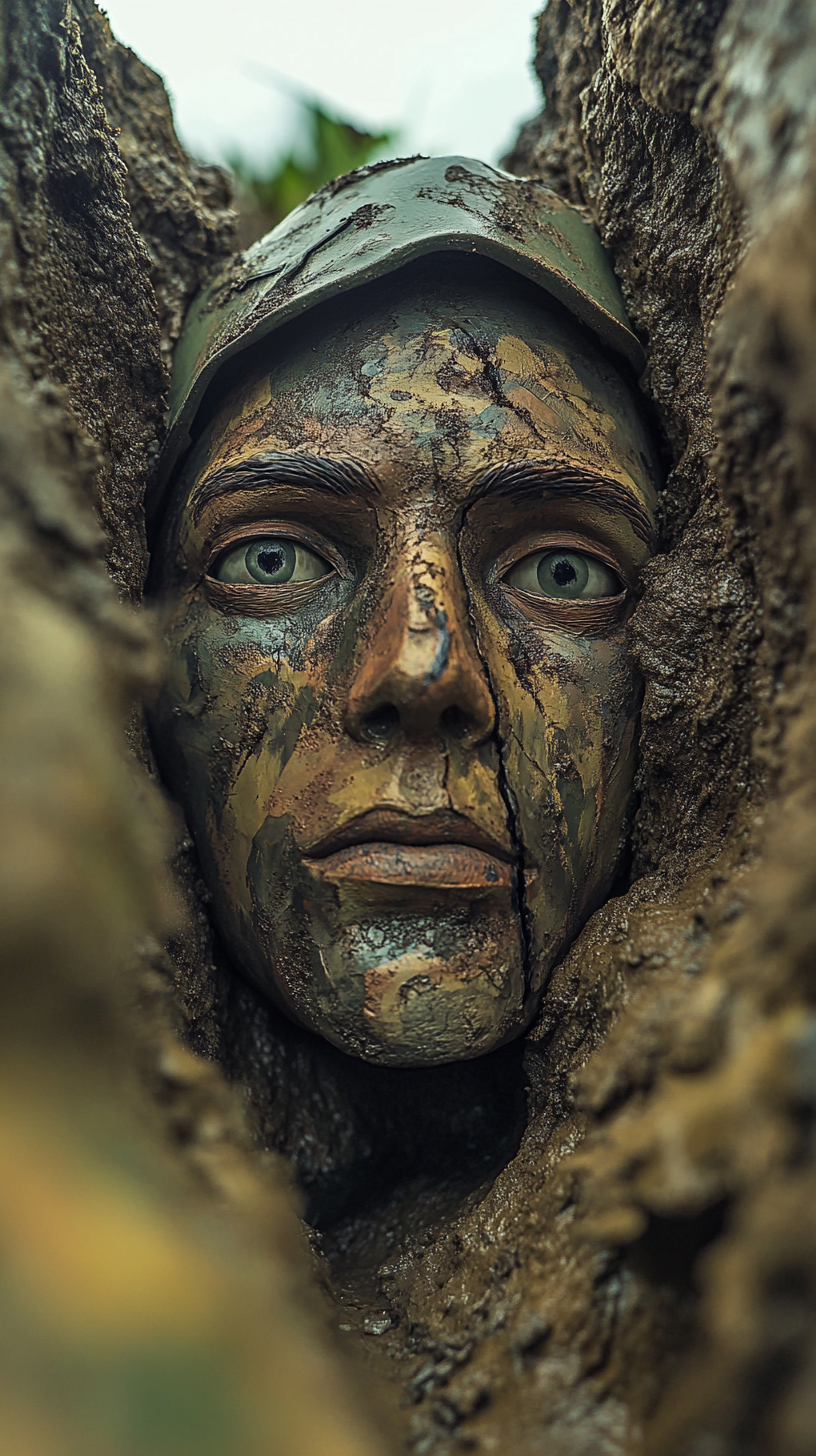 Realistic soldier dummy head rising from trench in sniper's view