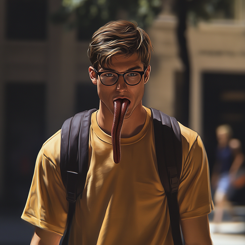 Realistic superhero college student with bifid snake-like tongue, glasses