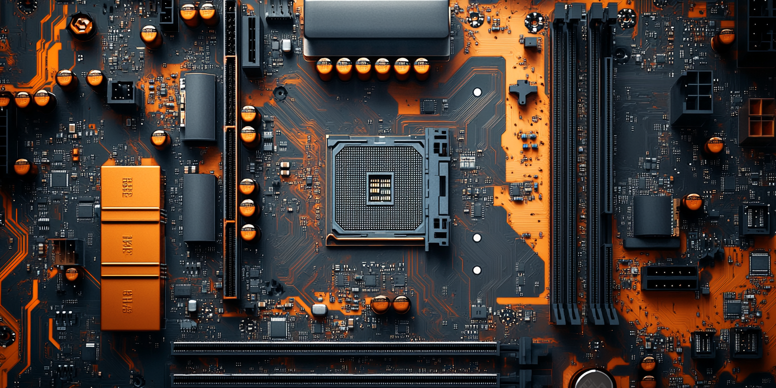 Realistic top-down view of a motherboard layout.