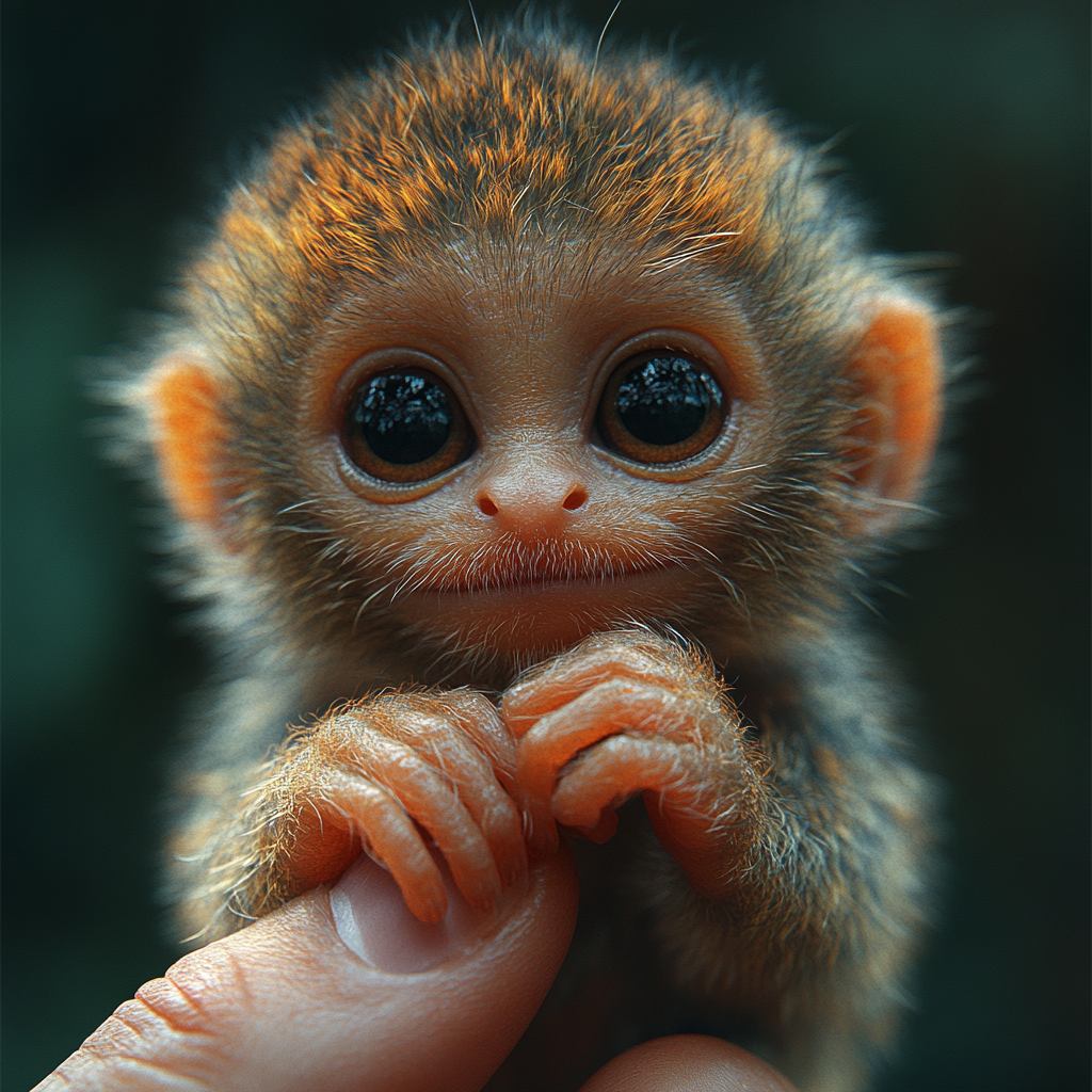 Realistic video of pygmy marmoset holding human finger.