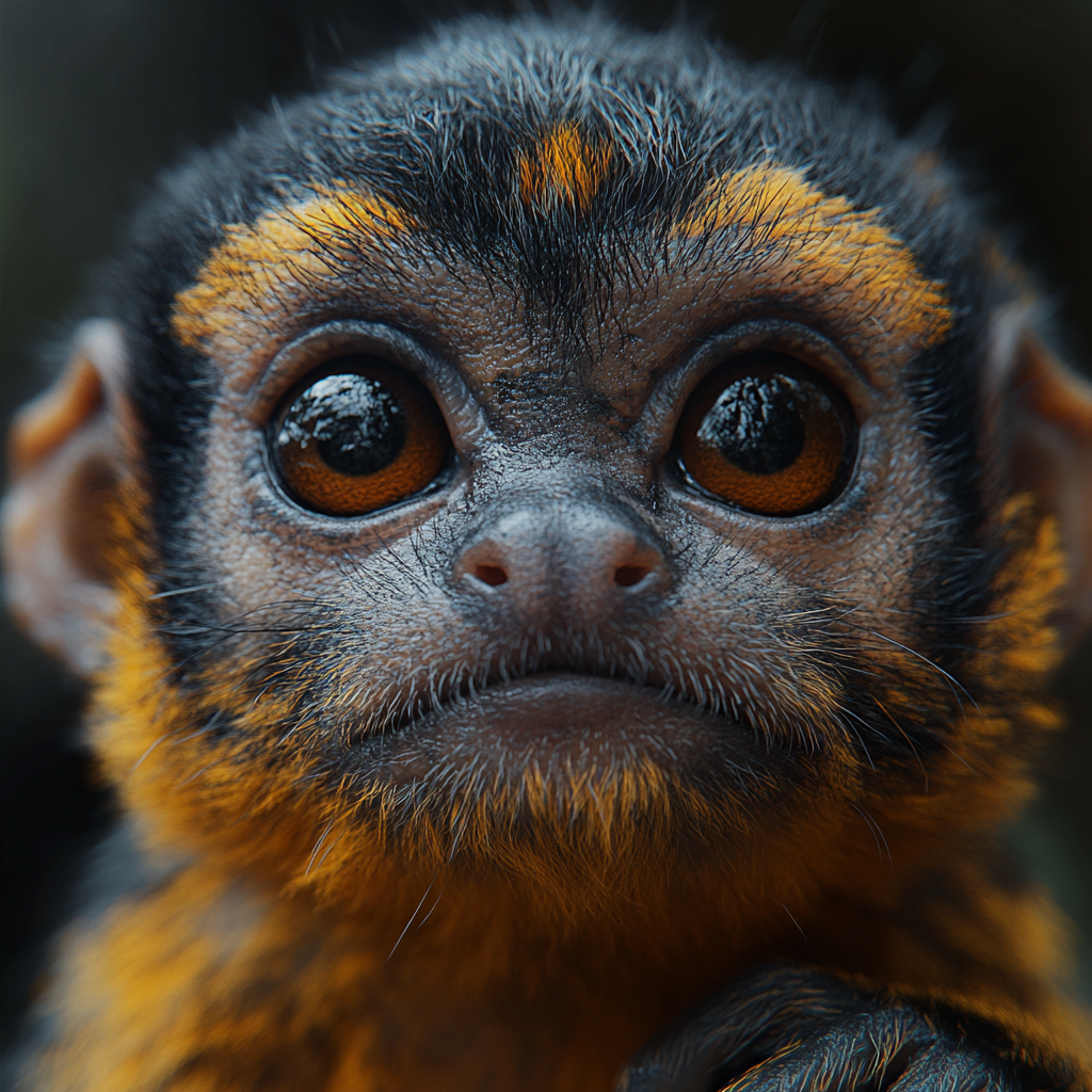 Realistic video: pygmy marmoset monkey clinching finger, detailed shading.