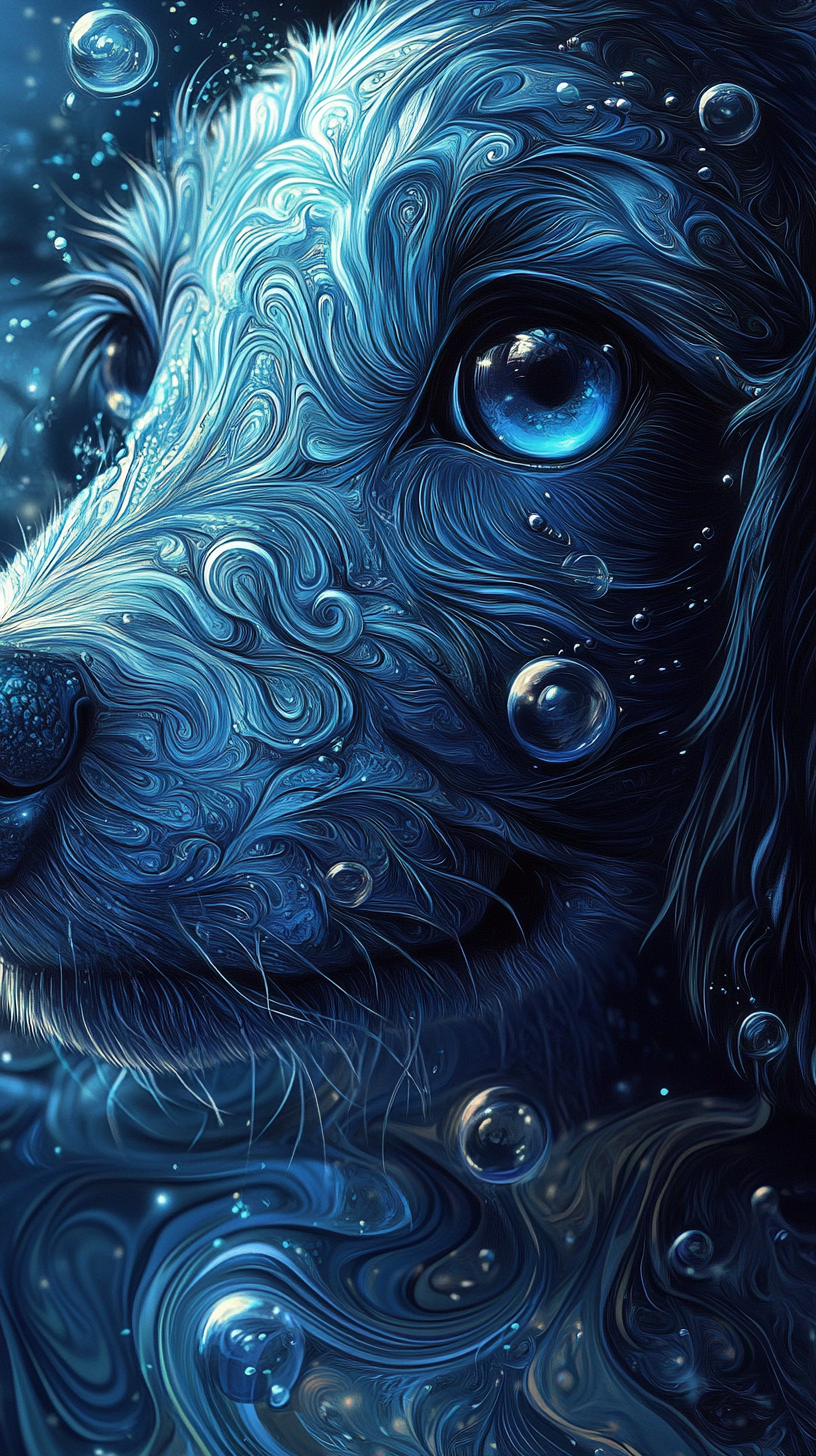 Realistic water-powered dog with deep blue fur and sparkling wave patterns. Bright blue eyes and water droplets swirling around legs and tail. Aquatic landscape background with rivers, waterfalls, and mist.