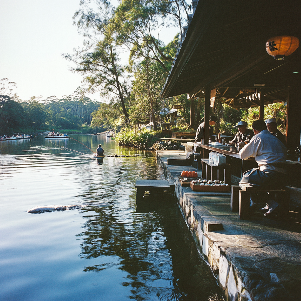 Realistic wide-angle photo of Australian river fishermen, sushi master.