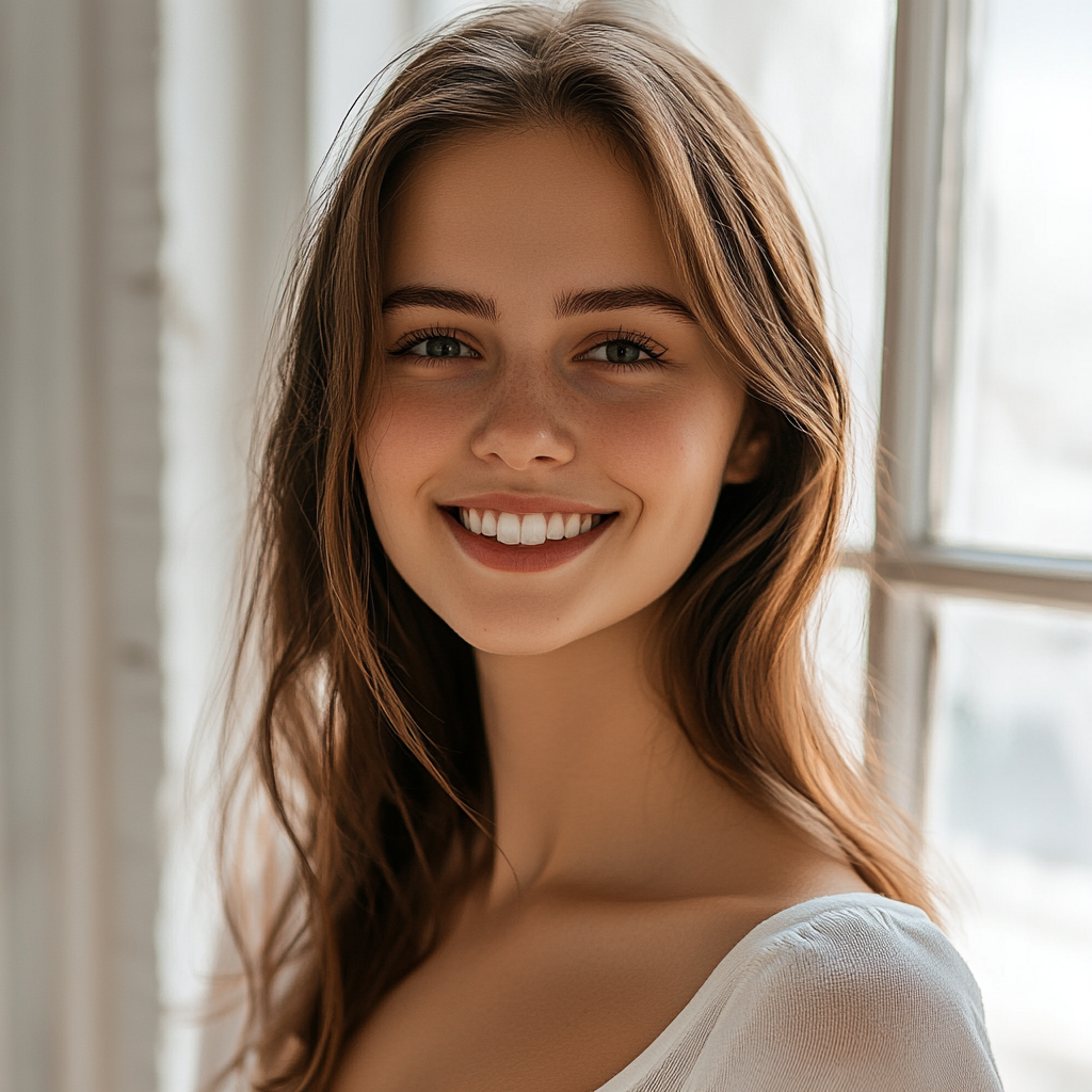 Realistic young woman in bright room smiling naturally.