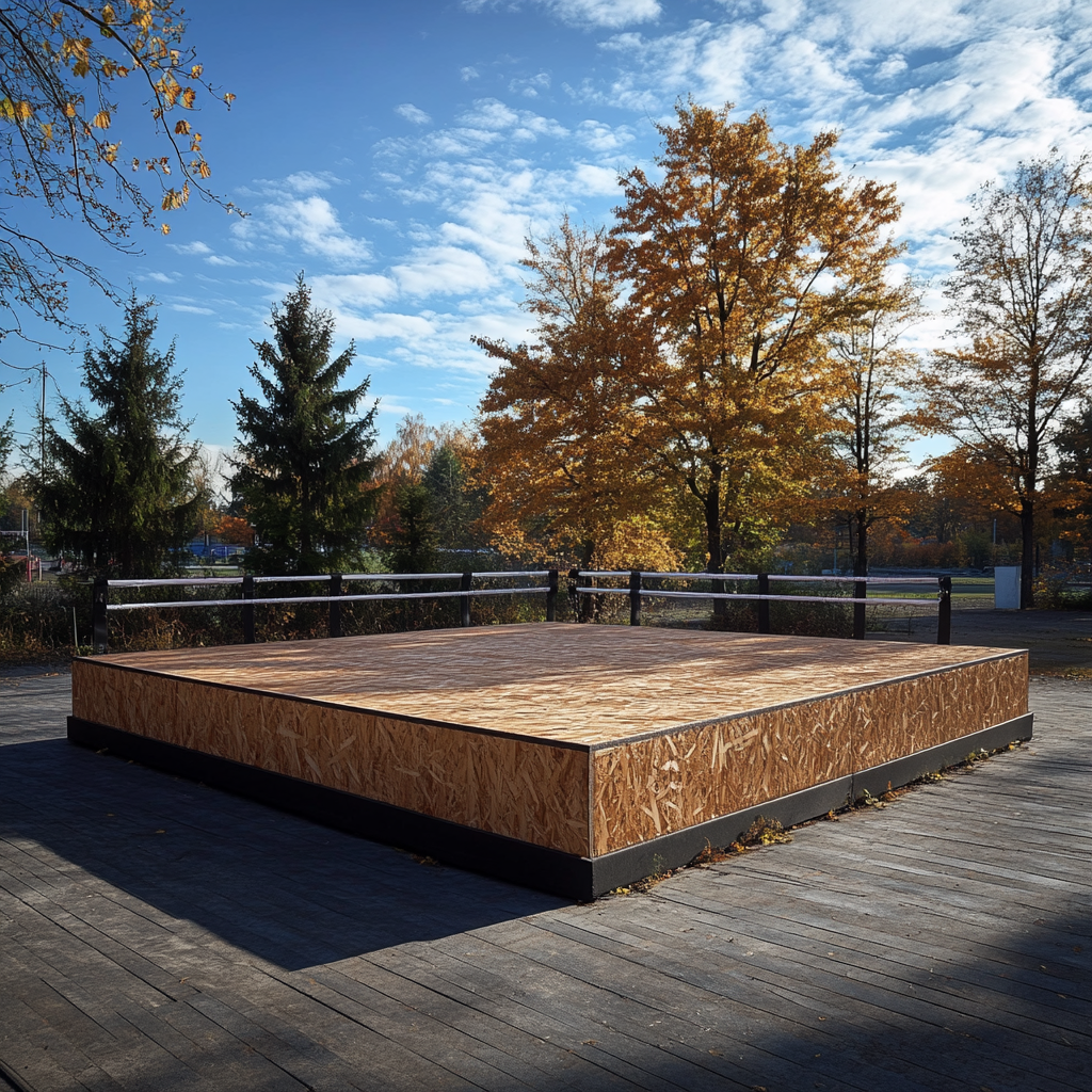 Realistischer Boxring aus OSB-Platten auf Sportplatz.