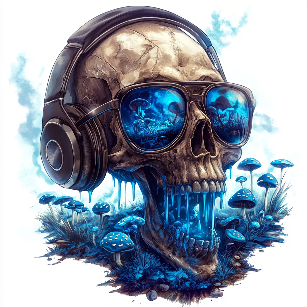 Reaper with blue juice rayban sunglasses, blue mushrooms reflection.