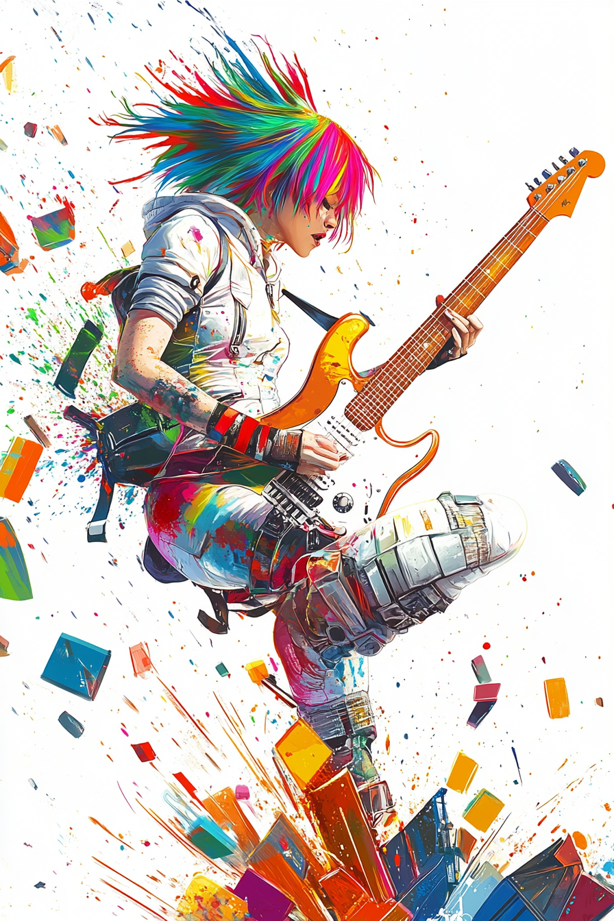 Rebel girl rocks guitar in exploding city