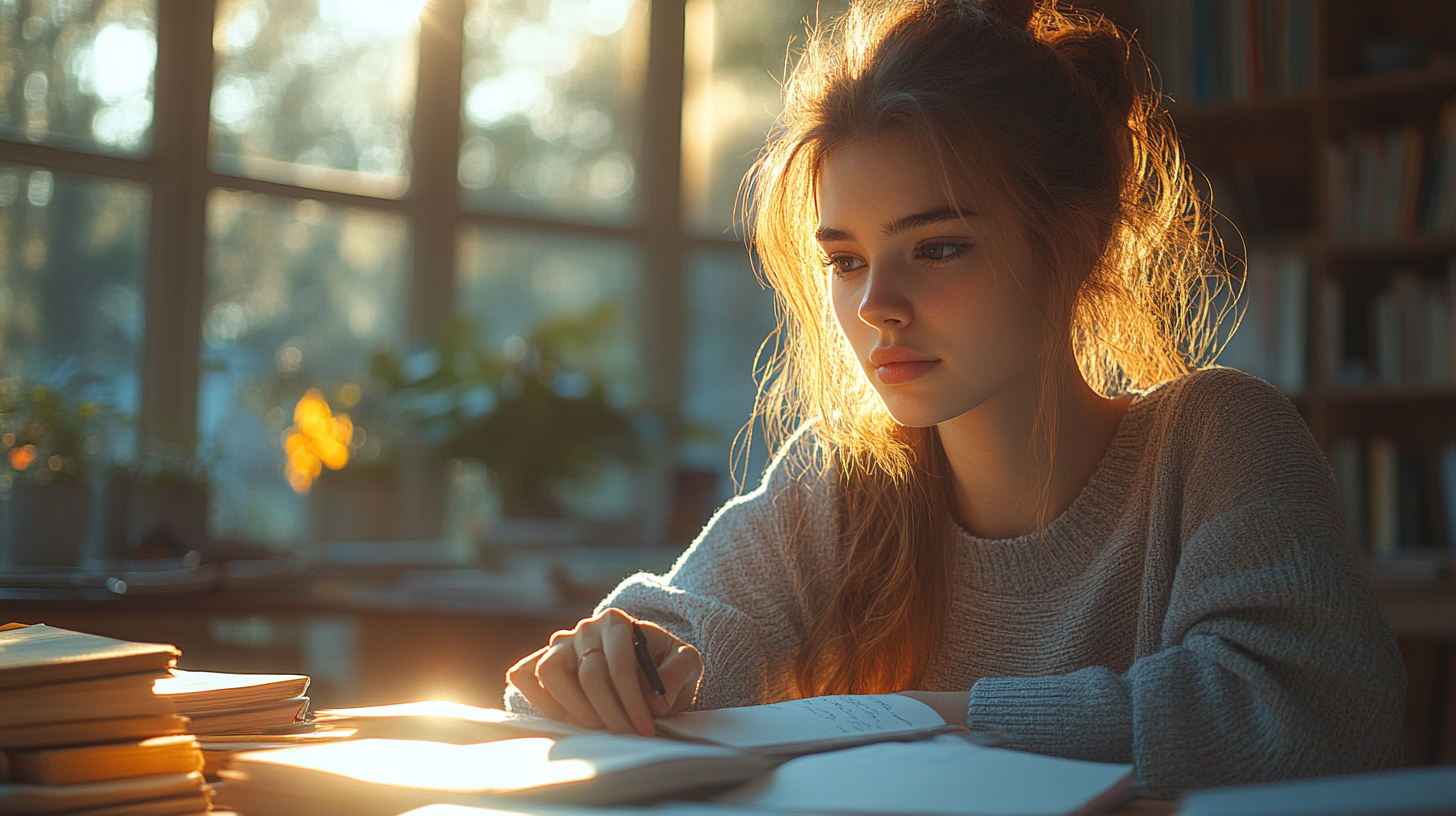 Recovery and purpose: Young woman studying in sunlight