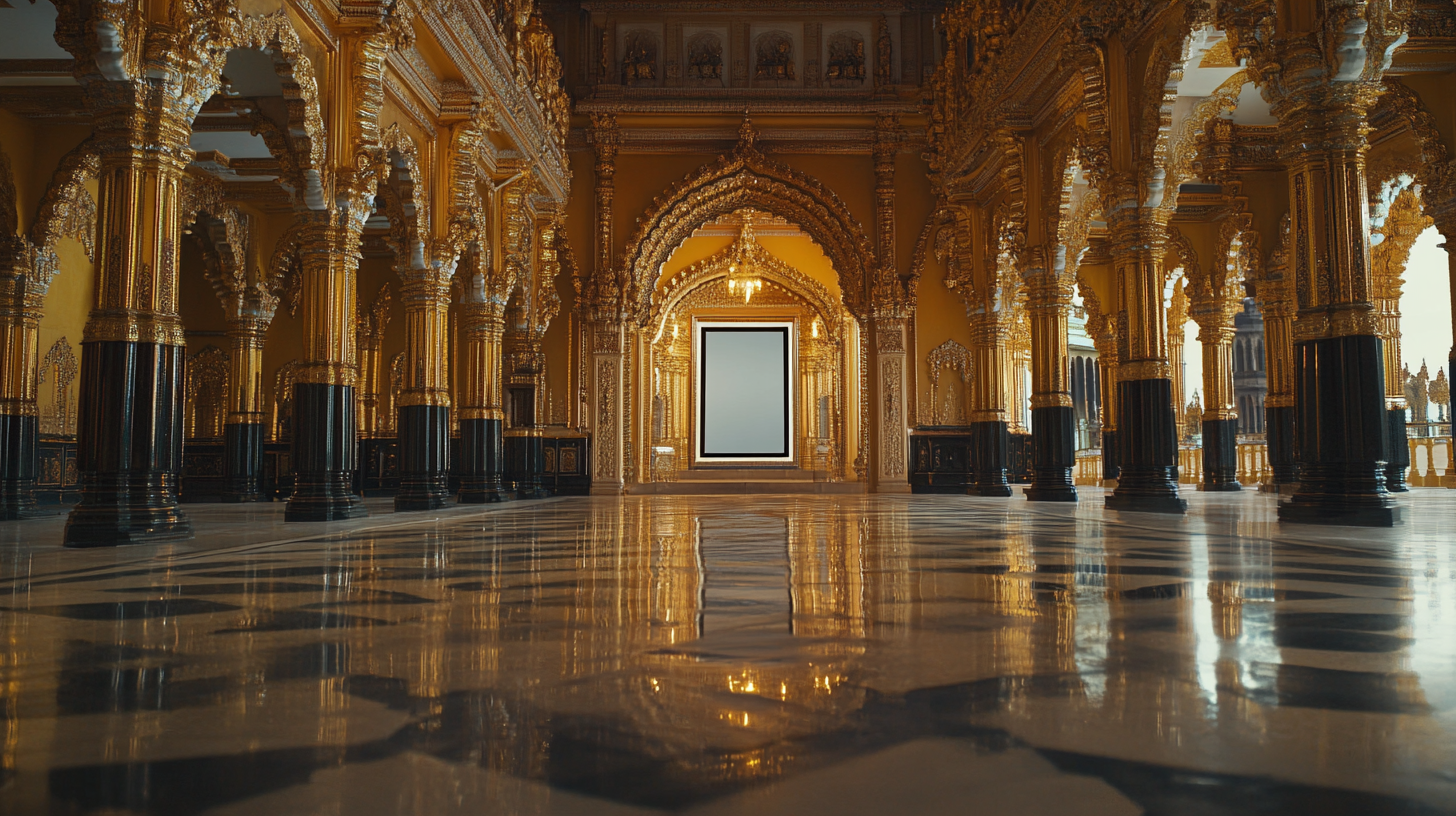 Rectangle mirror inside golden palace at night.