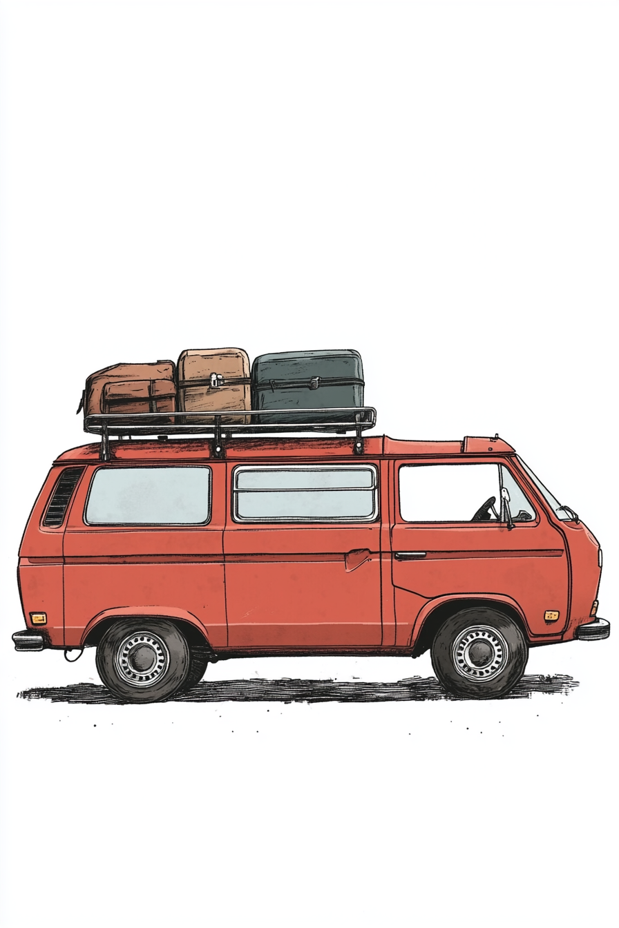 Red 1970 van with luggage on roof, isolated background.