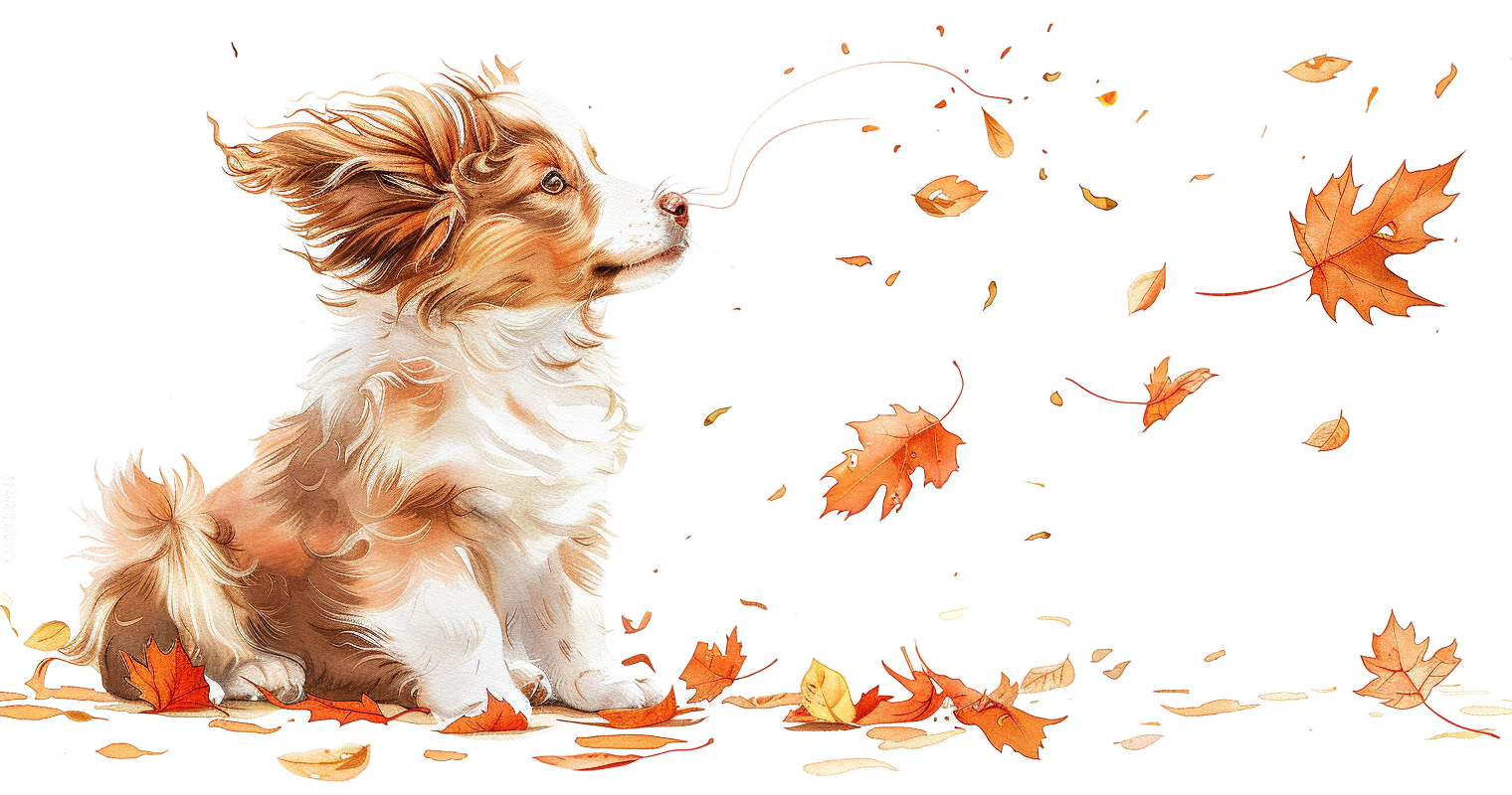 Red Australian shepherd puppy in strong autumn wind.