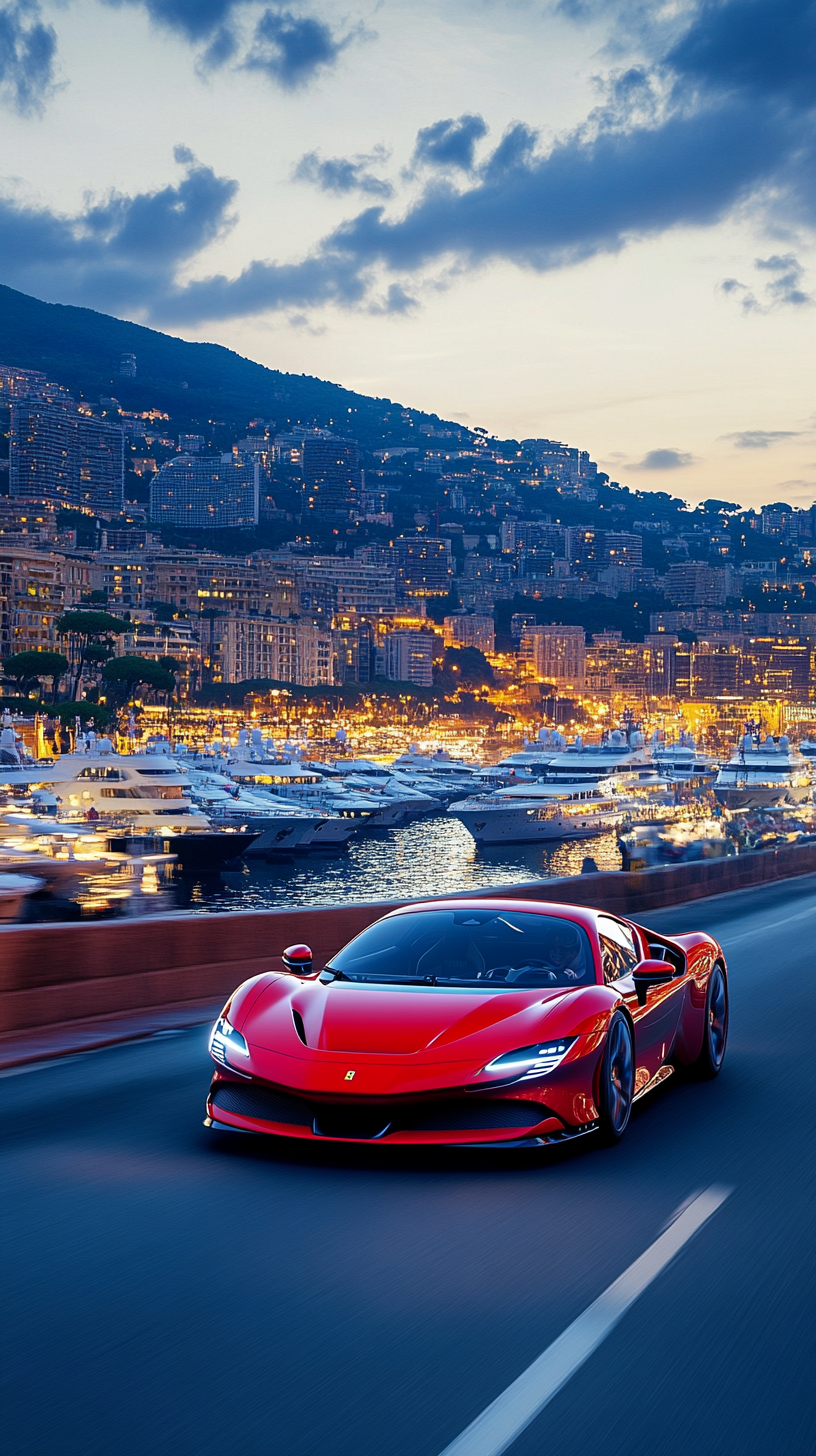 Red Ferrari speeding in Monaco with yachts at harbor.