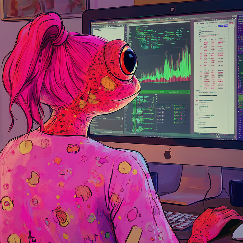 Red Frog with Ponytail Looking at Crypto Chart