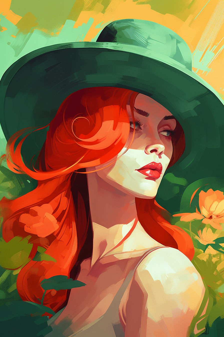 Red-Haired Woman in Oversized Brim Hat Flat Illustration