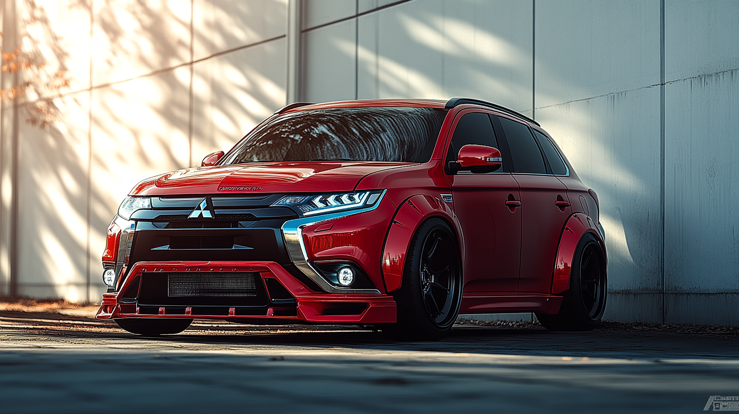 Red Mitsubishi Outlander Parked Front White Wall Sunny Day