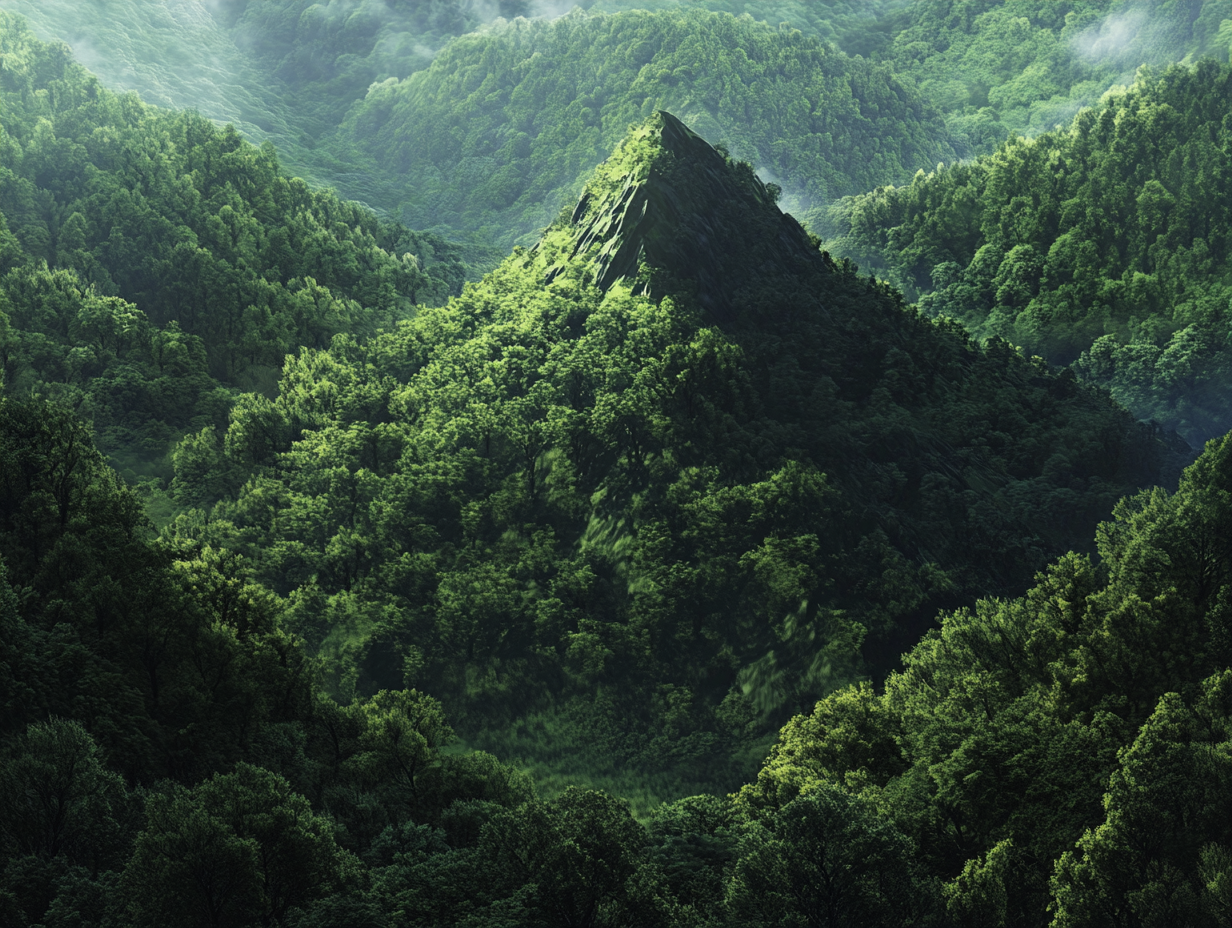 Red Mountain Among Enchanted Green Forest