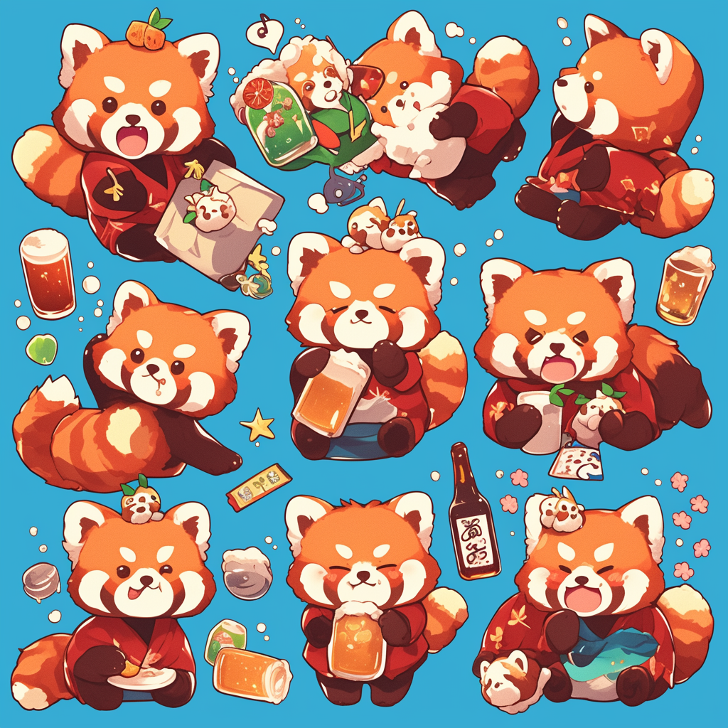 Red Panda Line Stamps Popart Chibi Drinking Poses