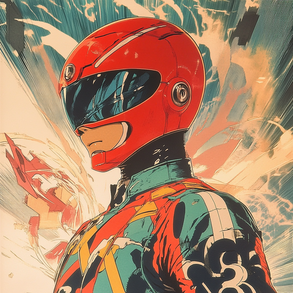 Red Power Ranger in stylish anime city scene