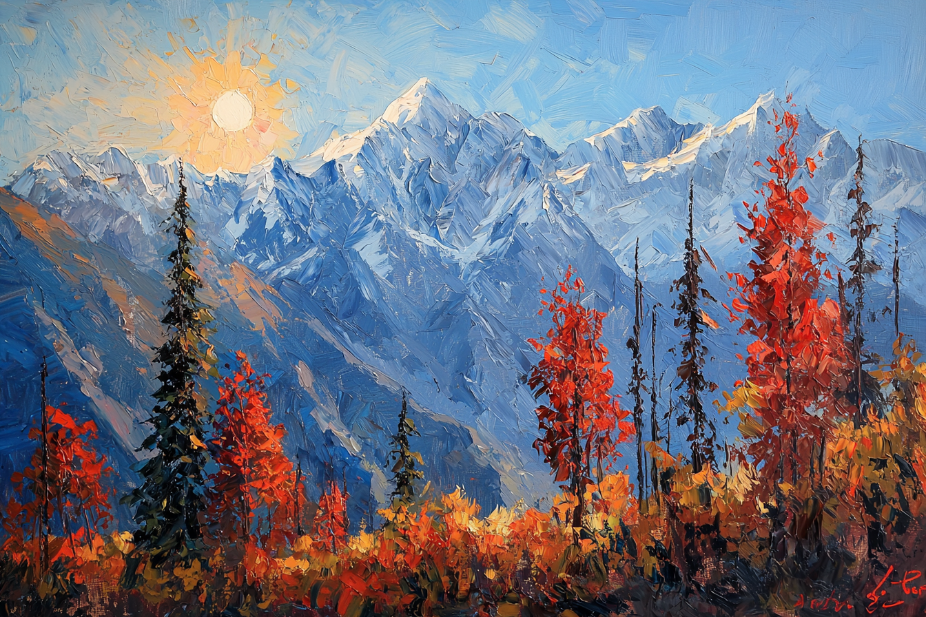 Red Trees, sun shining on Himalayan mountains, oil painting.