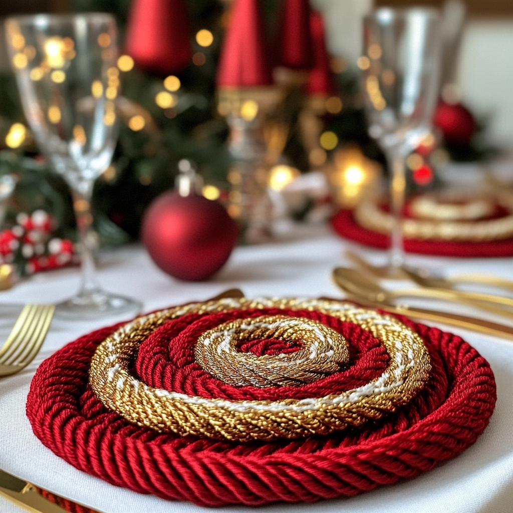 Red and gold braided cord coasters on Christmas table.