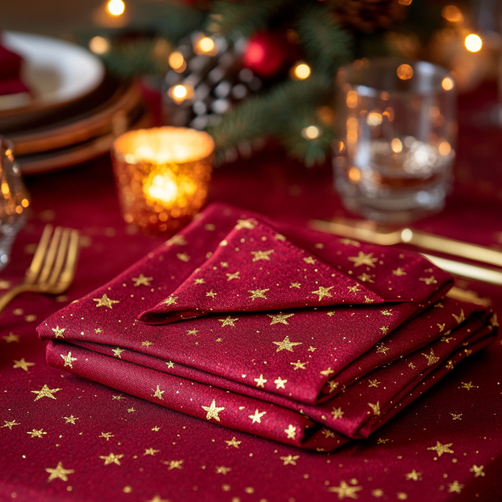 Red and gold star decorated Christmas themed table setting.