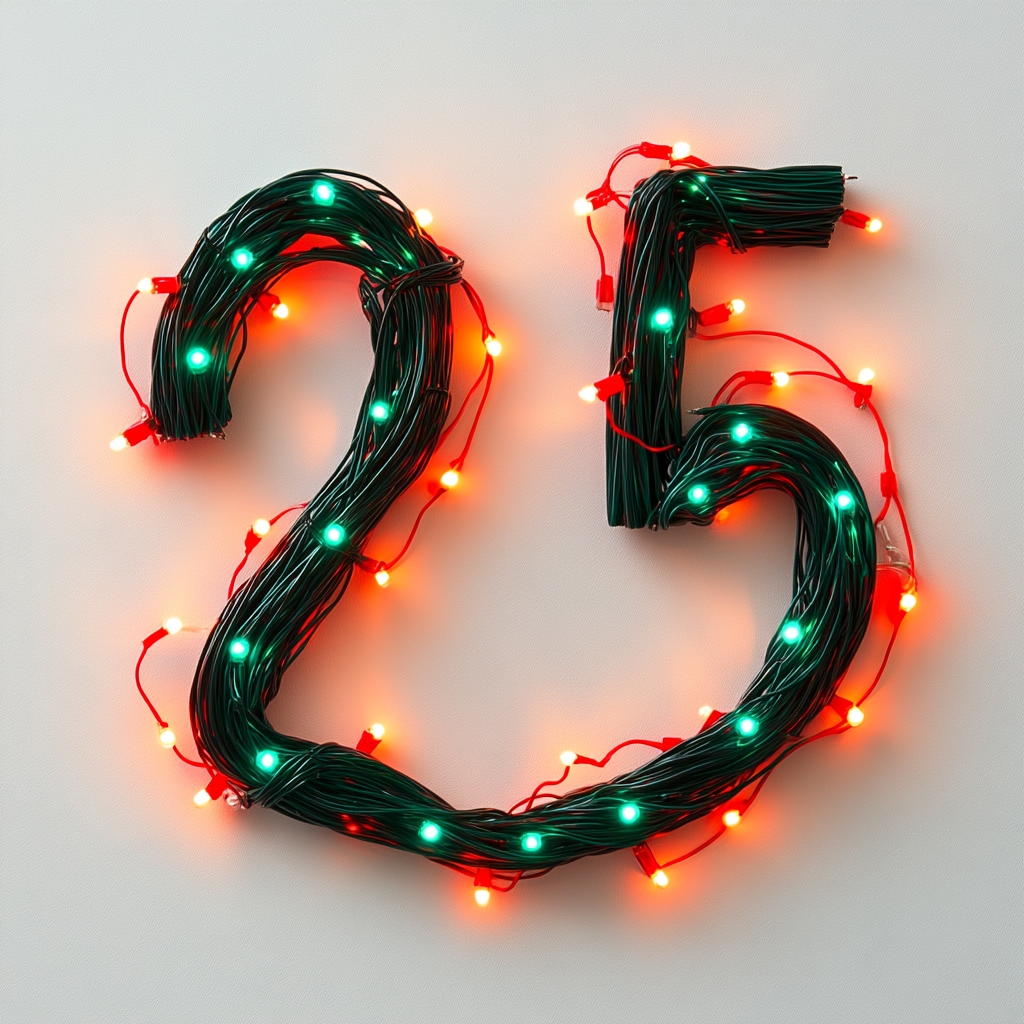 Red and green wire number ‘2025’ with glowing bulbs, neat.