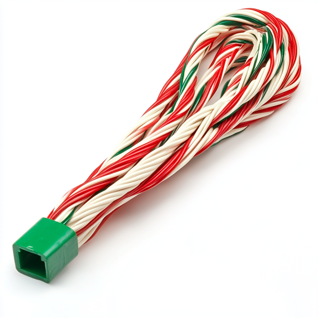 Red and white twisted wires with green terminal block.