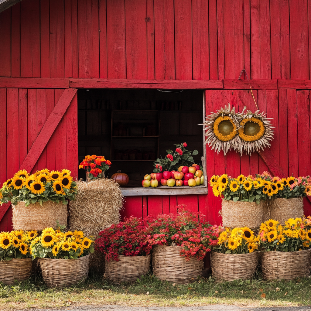 Red barn front with apples, hay, sunflowers - fall vibes.