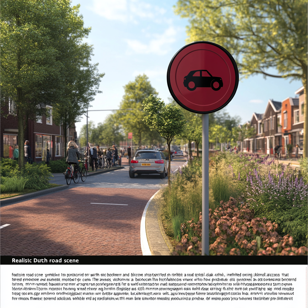 Red-bordered road sign with car symbol, pedestrian-visible street.