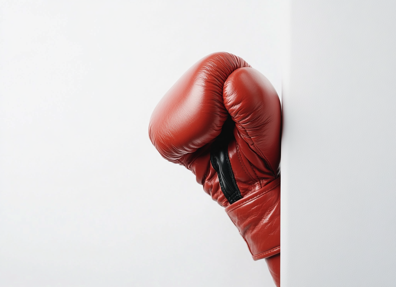 Red boxing glove ready to punch through white wall.