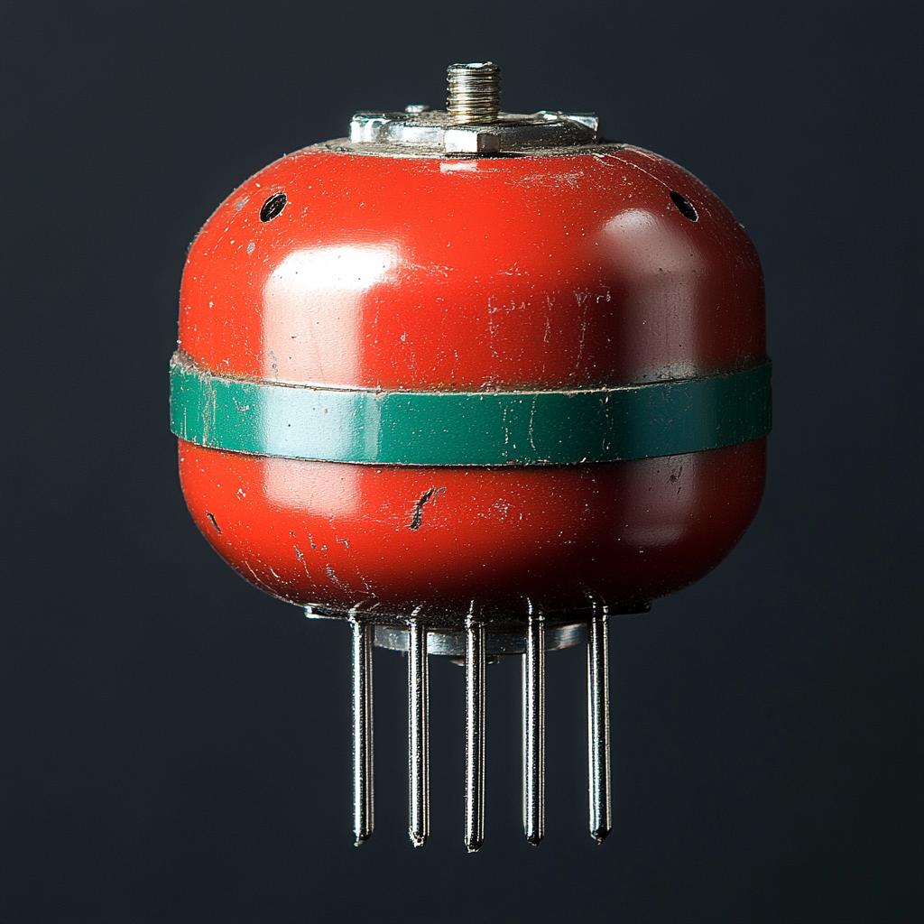 Red capacitor with green stripe, top view, rotated slightly