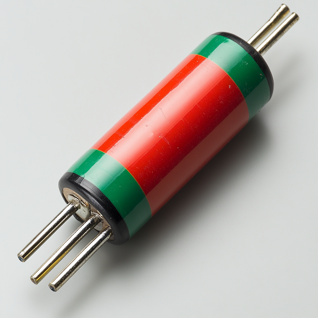 Red capacitor with green stripe, viewed from above, rotating.