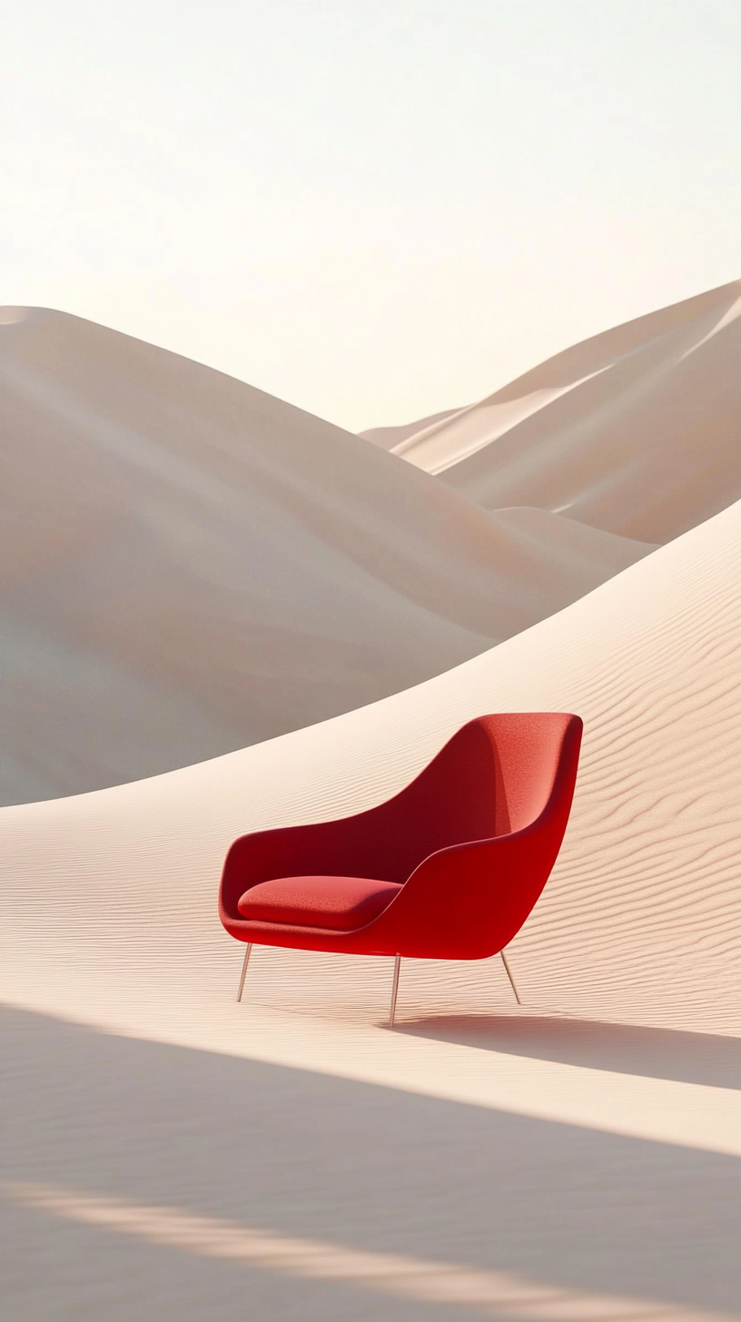 Red chair in desert with serene lighting, inviting atmosphere.