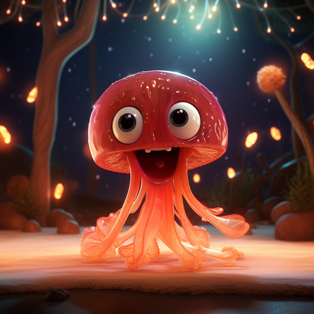 Red child dinosaur smiling at glowing jellyfish and planets.