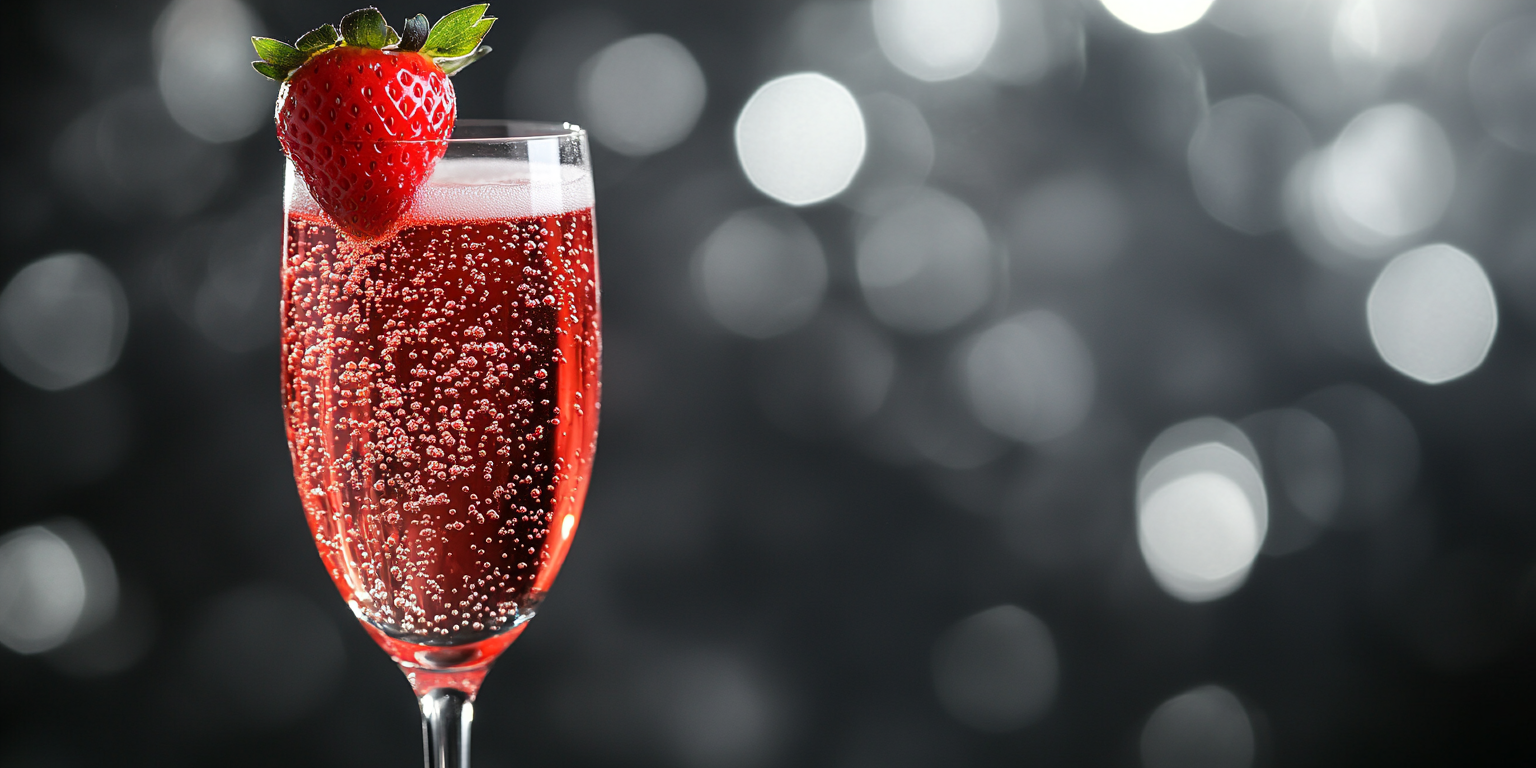 Red cocktail in champagne flute with strawberry garnish.