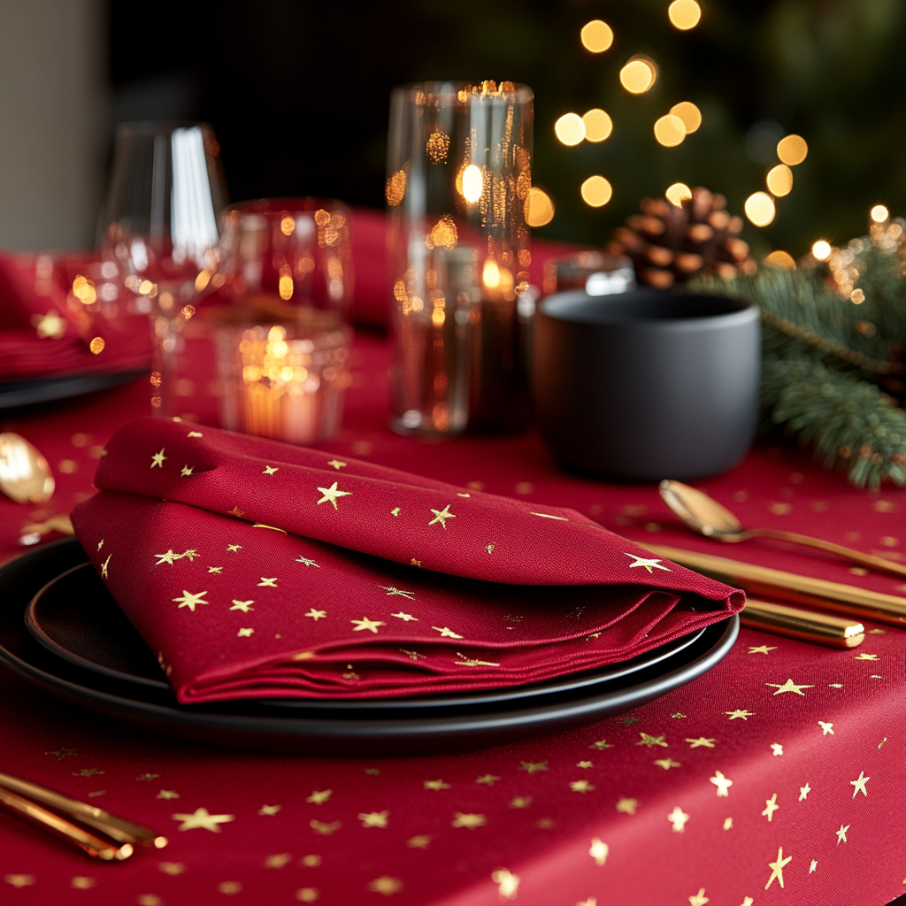 Red cotton napkins with gold stars on Christmas table.