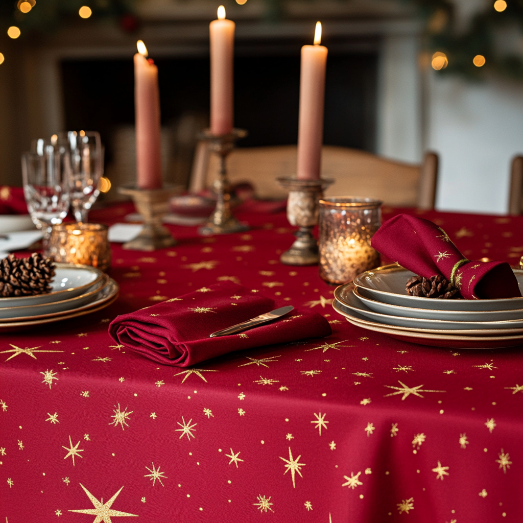 Red cotton tablecloth and napkins with gold star designs.