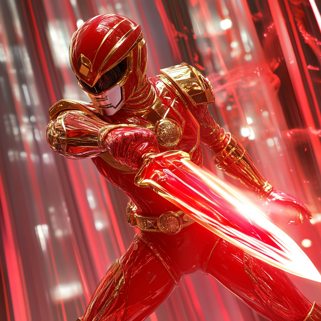 Red cyber ranger upgrades swinging cyber blade, digital effect.